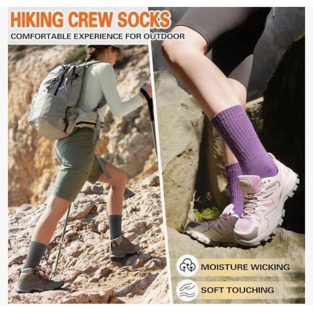 5 Pair Merino Wool Hiking Crew Socks Womens Thermal Thick Moisture Wicking Multi